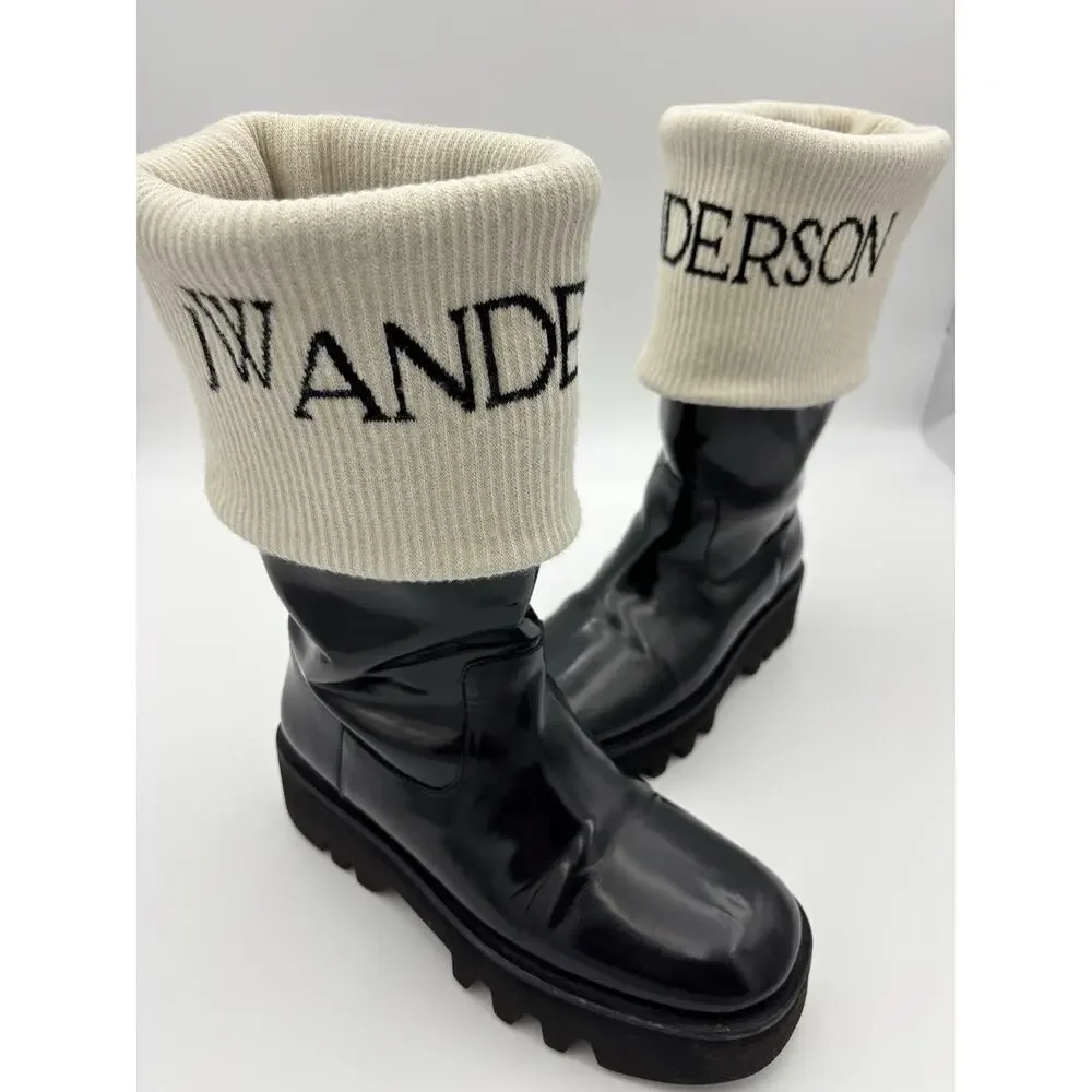 JW Anderson Logo Fisherman Boots Black Patent Leather White Sock Size 39 / 9
